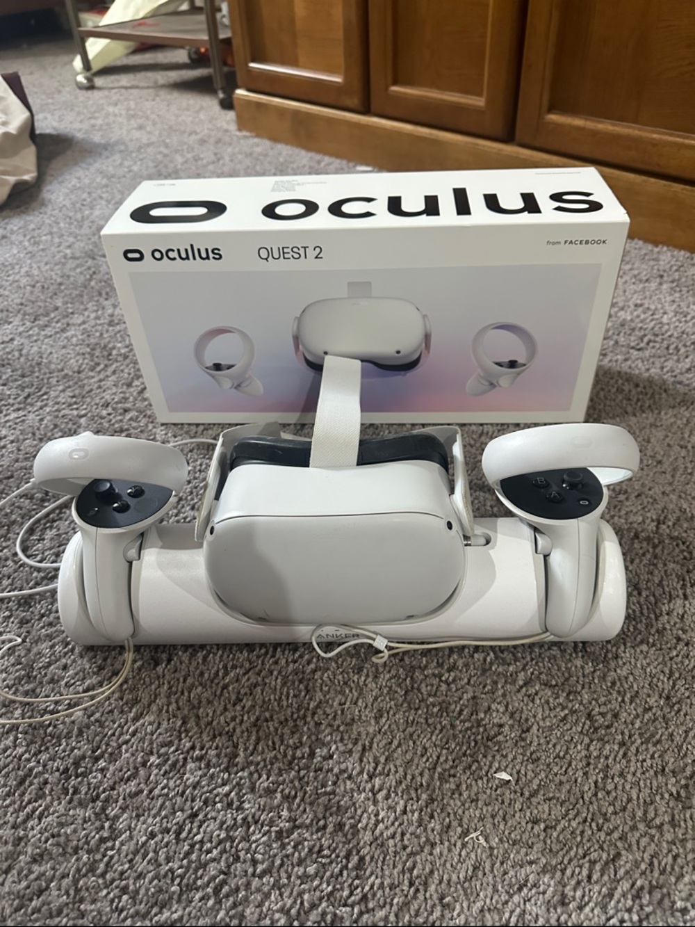 Oculus Quest 2 VR Headset with White Controllers and charging dock